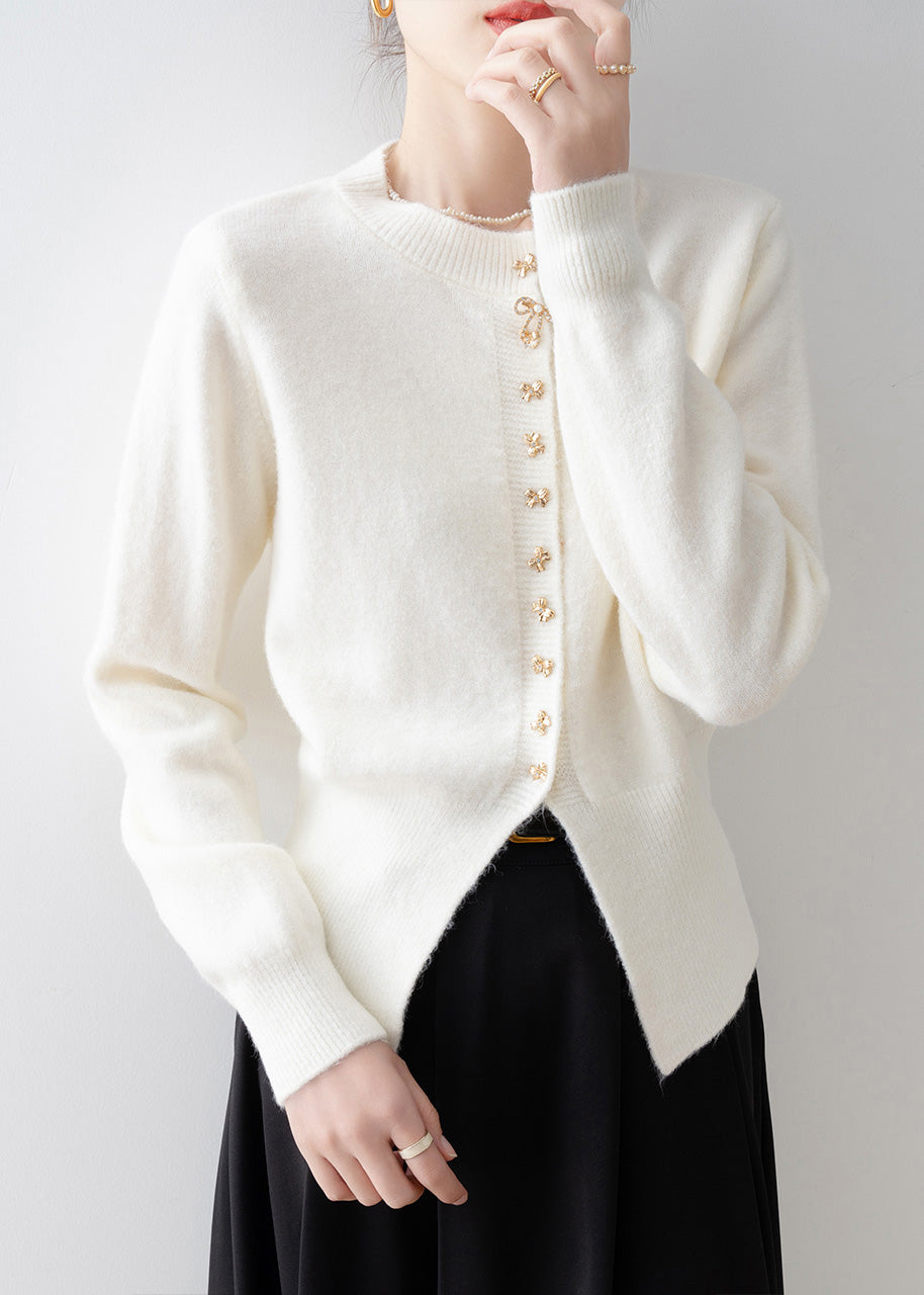 Fine White Bow Side Open Warm Knit Cardigan Winter