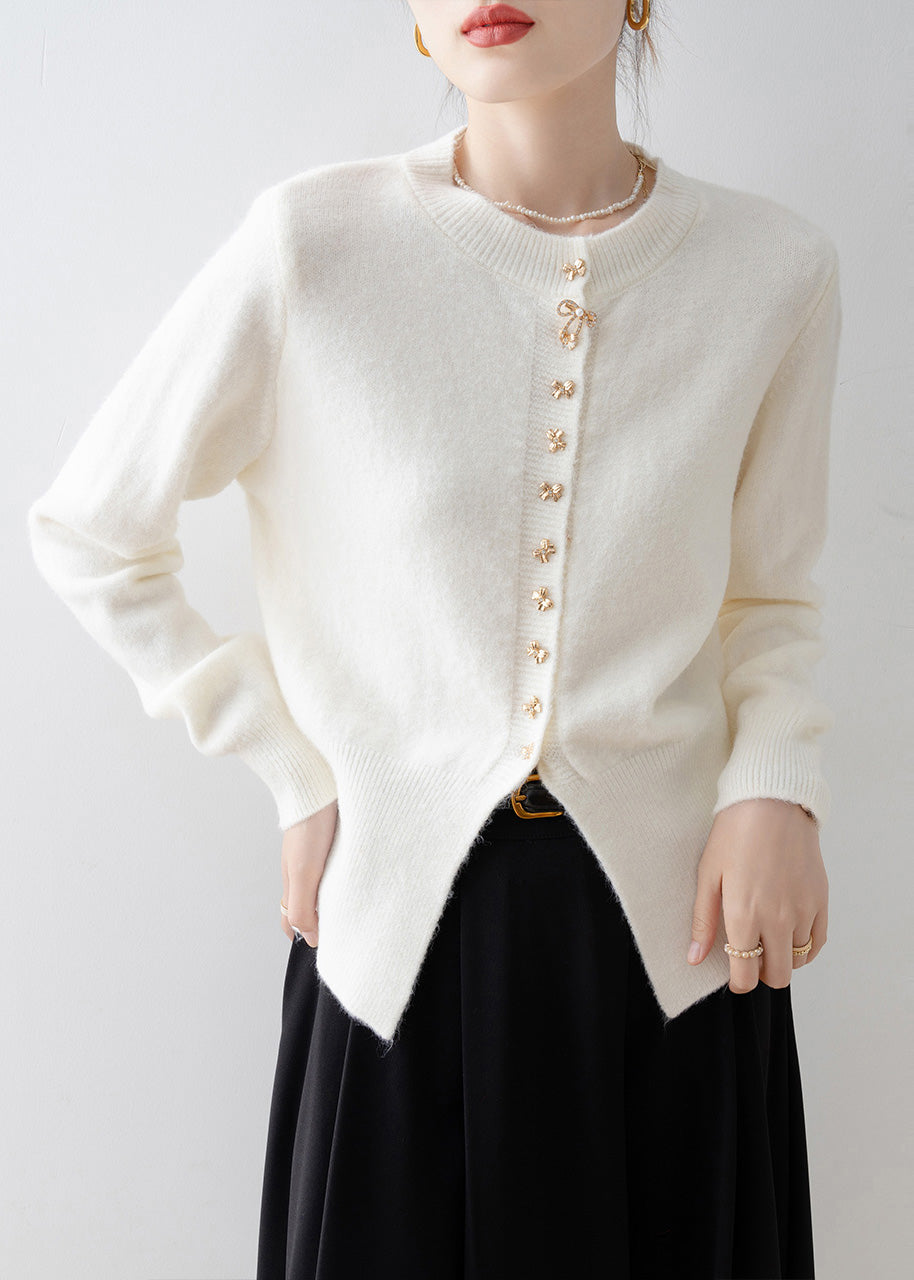 Fine White Bow Side Open Warm Knit Cardigan Winter