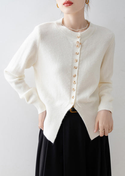 Fine White Bow Side Open Warm Knit Cardigan Winter