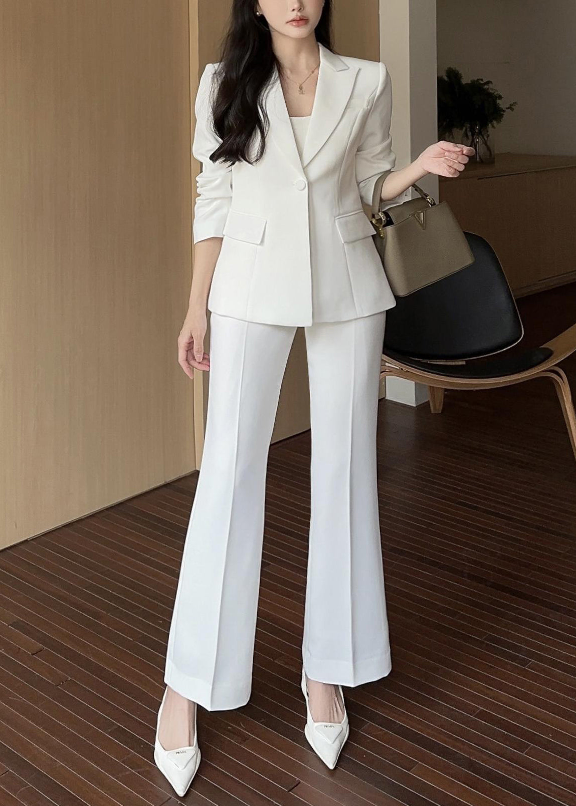 Fine White Button Solid Blazer And Straight Pants Two Pieces Set Long Sleeve