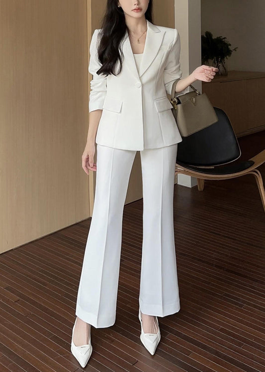 Fine White Button Solid Blazer And Straight Pants Two Pieces Set Long Sleeve
