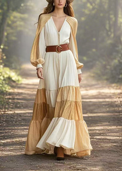 Fine White Cinched Patchwork Cotton Dresses Cloak Sleeves