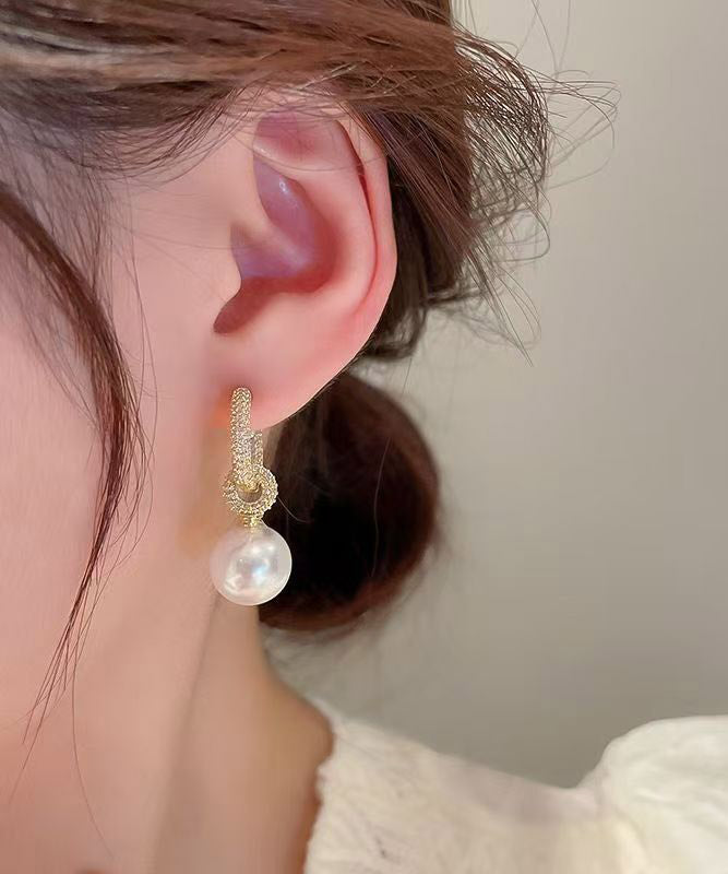 Fine White Copper Overgild Zircon Pearl Drop Earrings