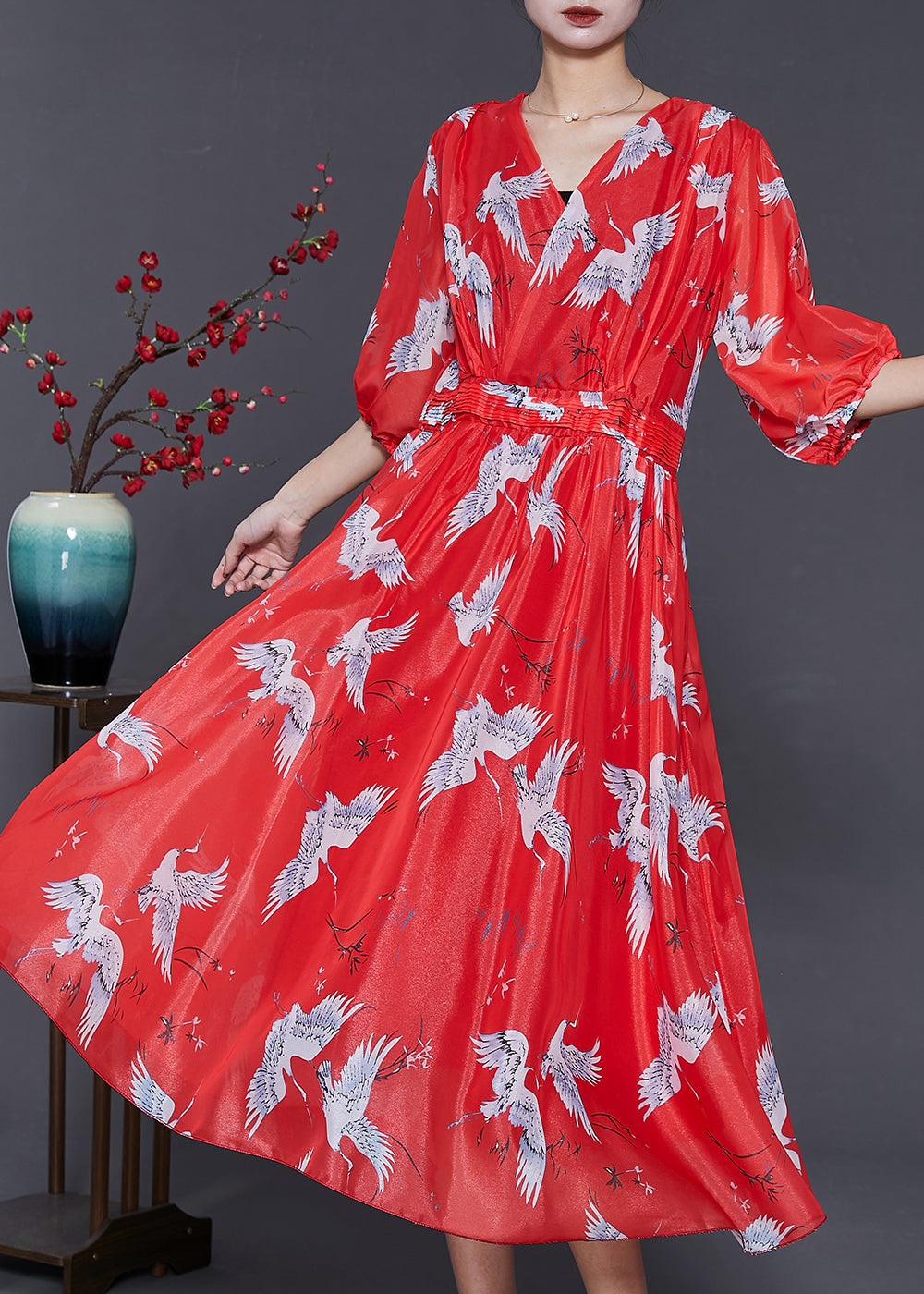 Fine White Crane Exra Large Hem Chiffon Long Dress Half Sleeve