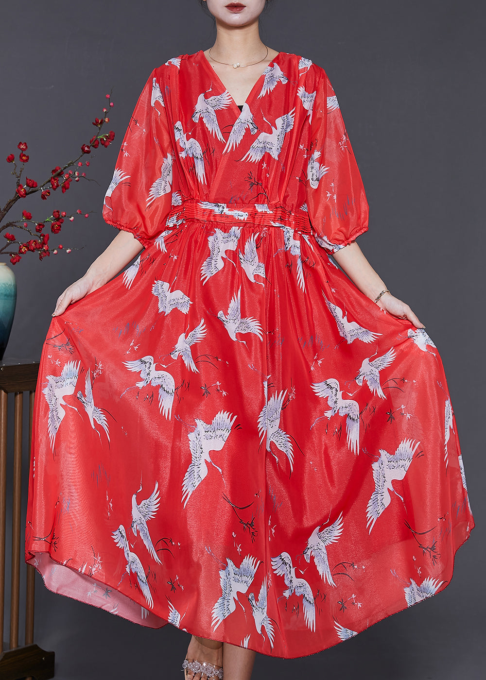 Fine White Crane Exra Large Hem Chiffon Long Dress Half Sleeve