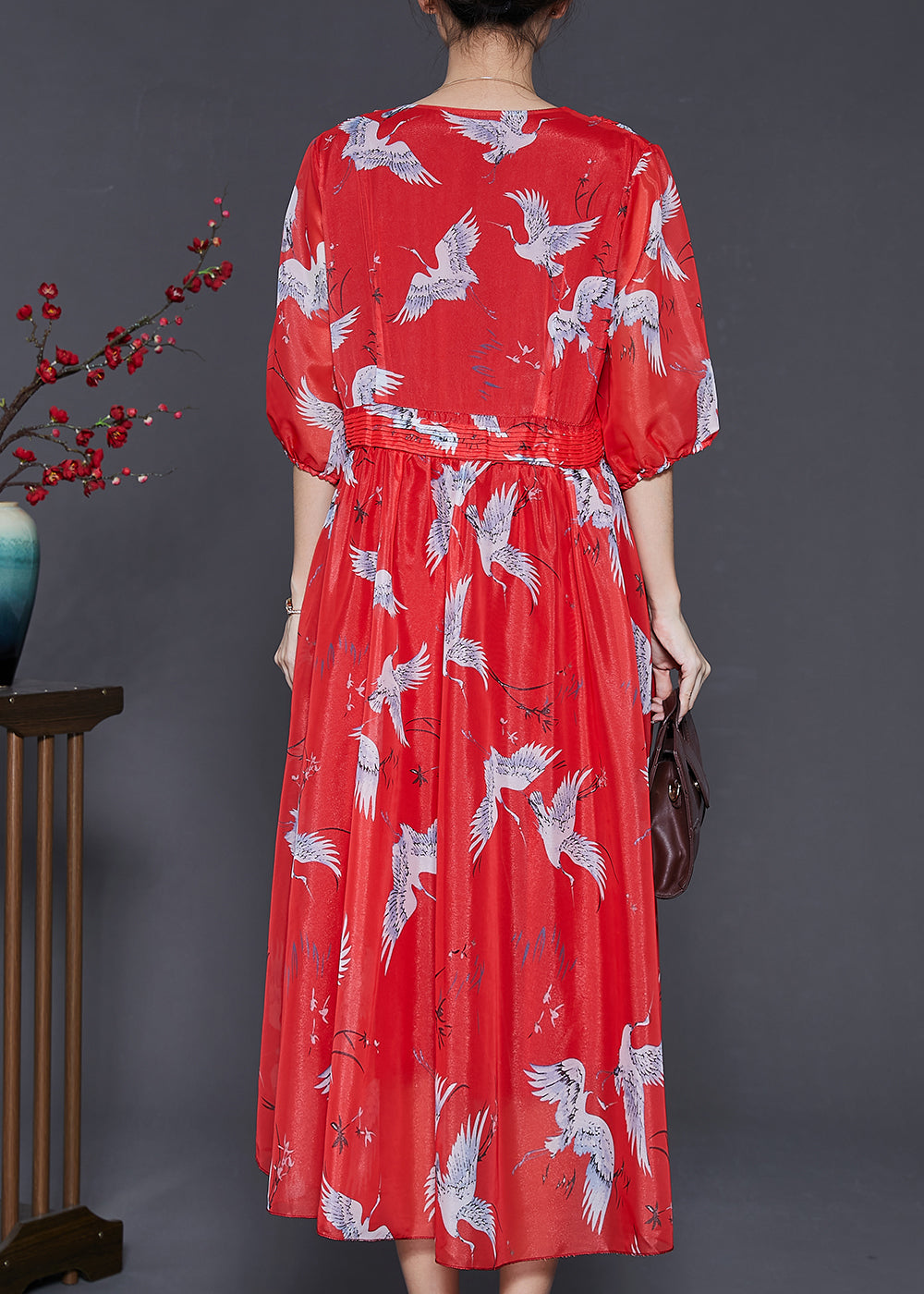 Fine White Crane Exra Large Hem Chiffon Long Dress Half Sleeve