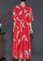 Fine White Crane Exra Large Hem Chiffon Long Dress Half Sleeve