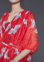 Fine White Crane Exra Large Hem Chiffon Long Dress Half Sleeve