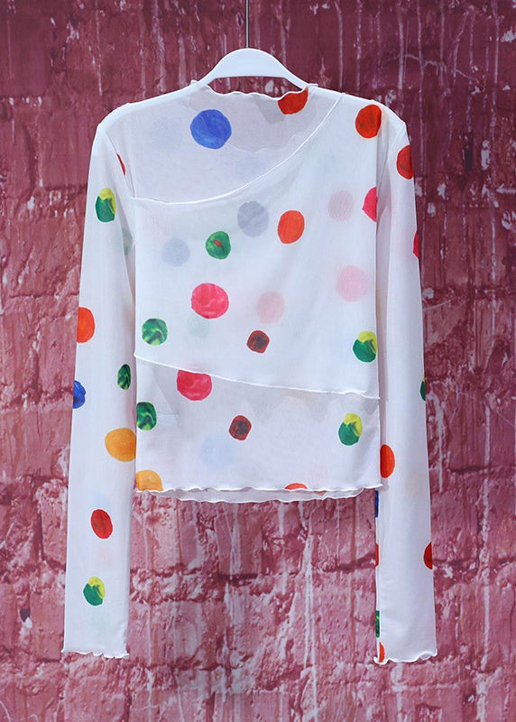 Fine White Dot Asymmetrical Chiffon Shirt Top Summer