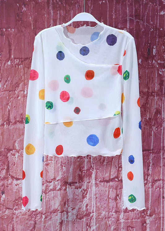 Fine White Dot Asymmetrical Chiffon Shirt Top Summer