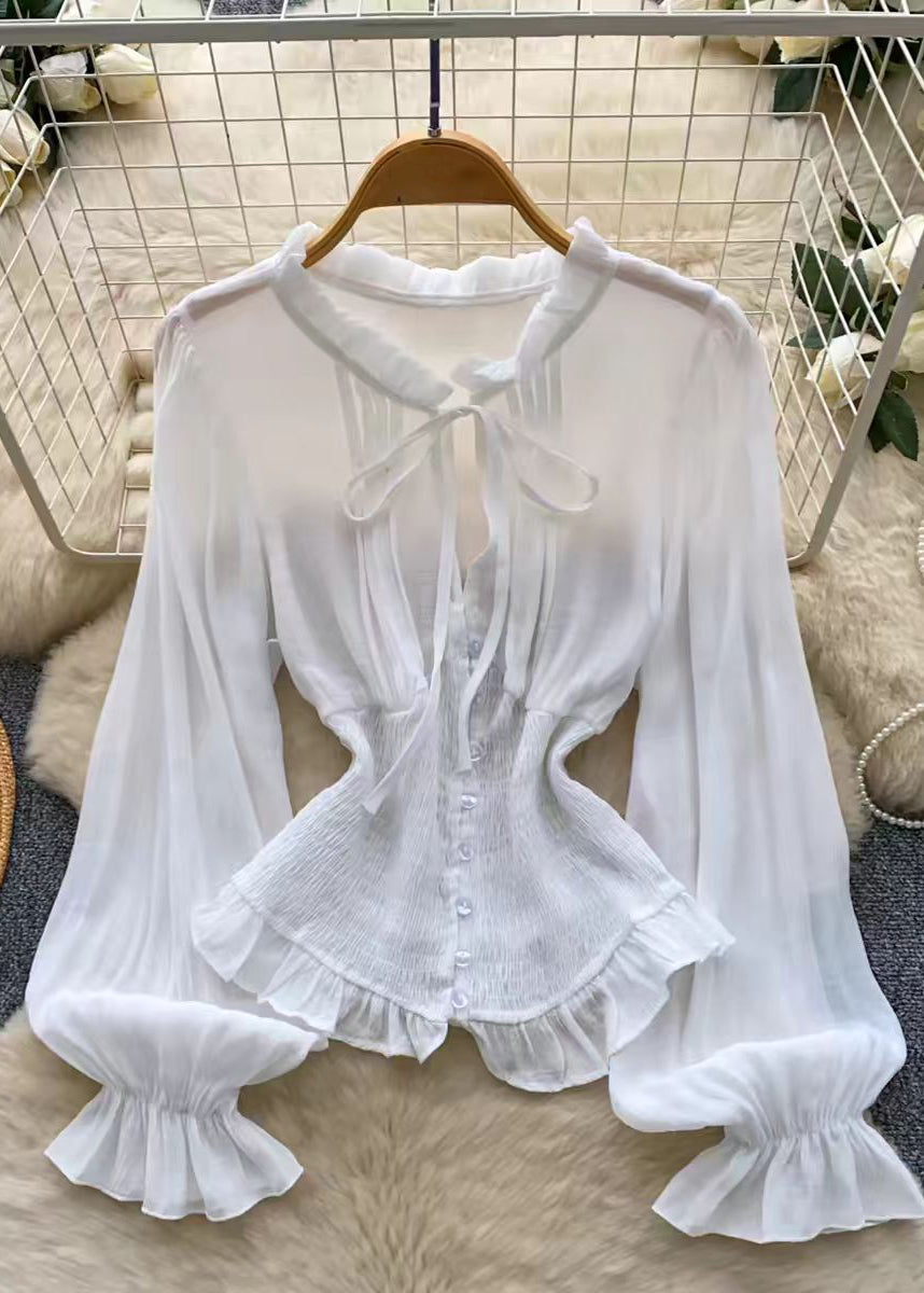 Fine White Elastic Waist Patchwork Cotton Shirt Summer