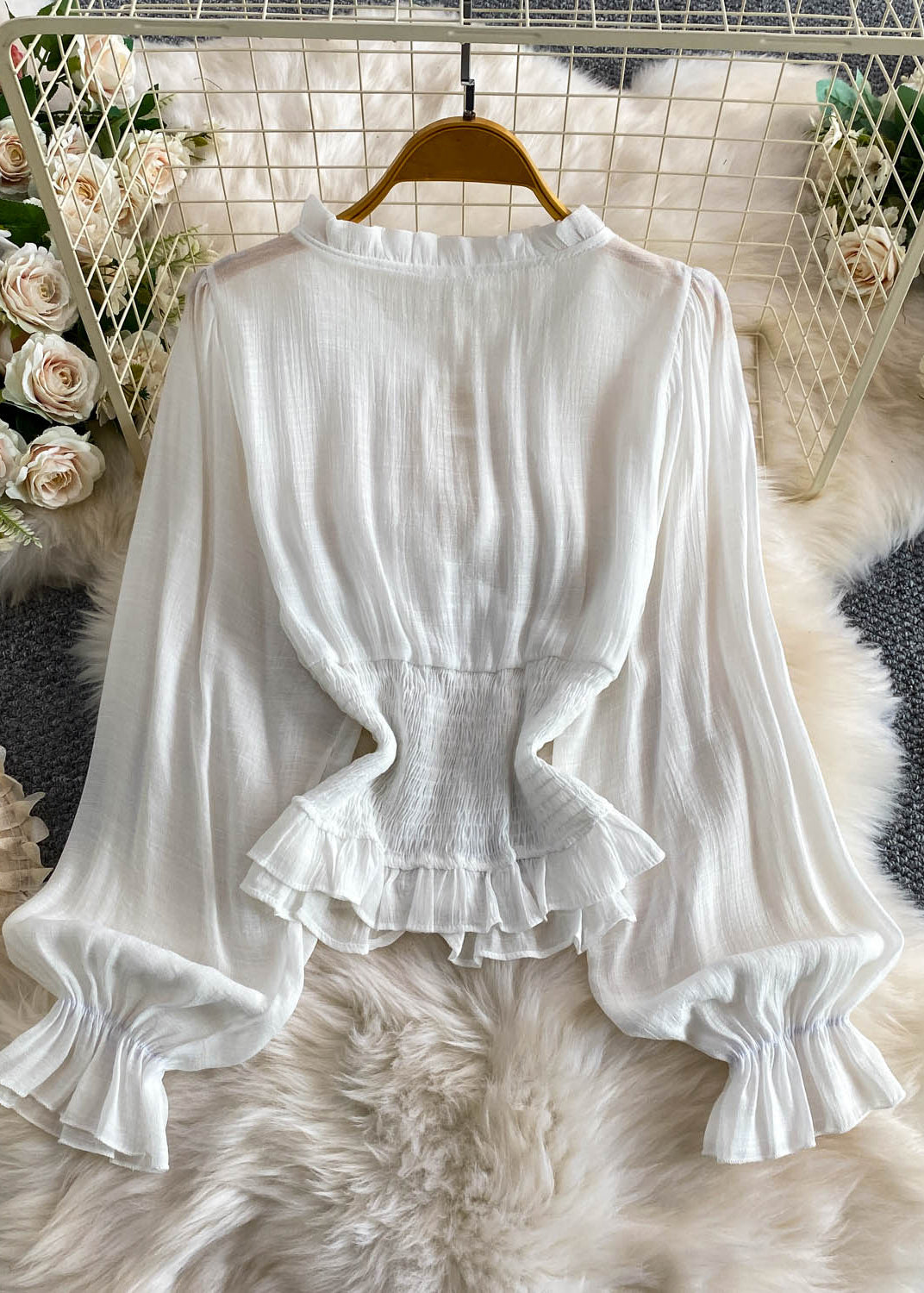 Fine White Elastic Waist Patchwork Cotton Shirt Summer
