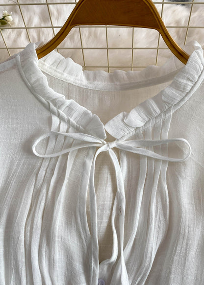 Fine White Elastic Waist Patchwork Cotton Shirt Summer