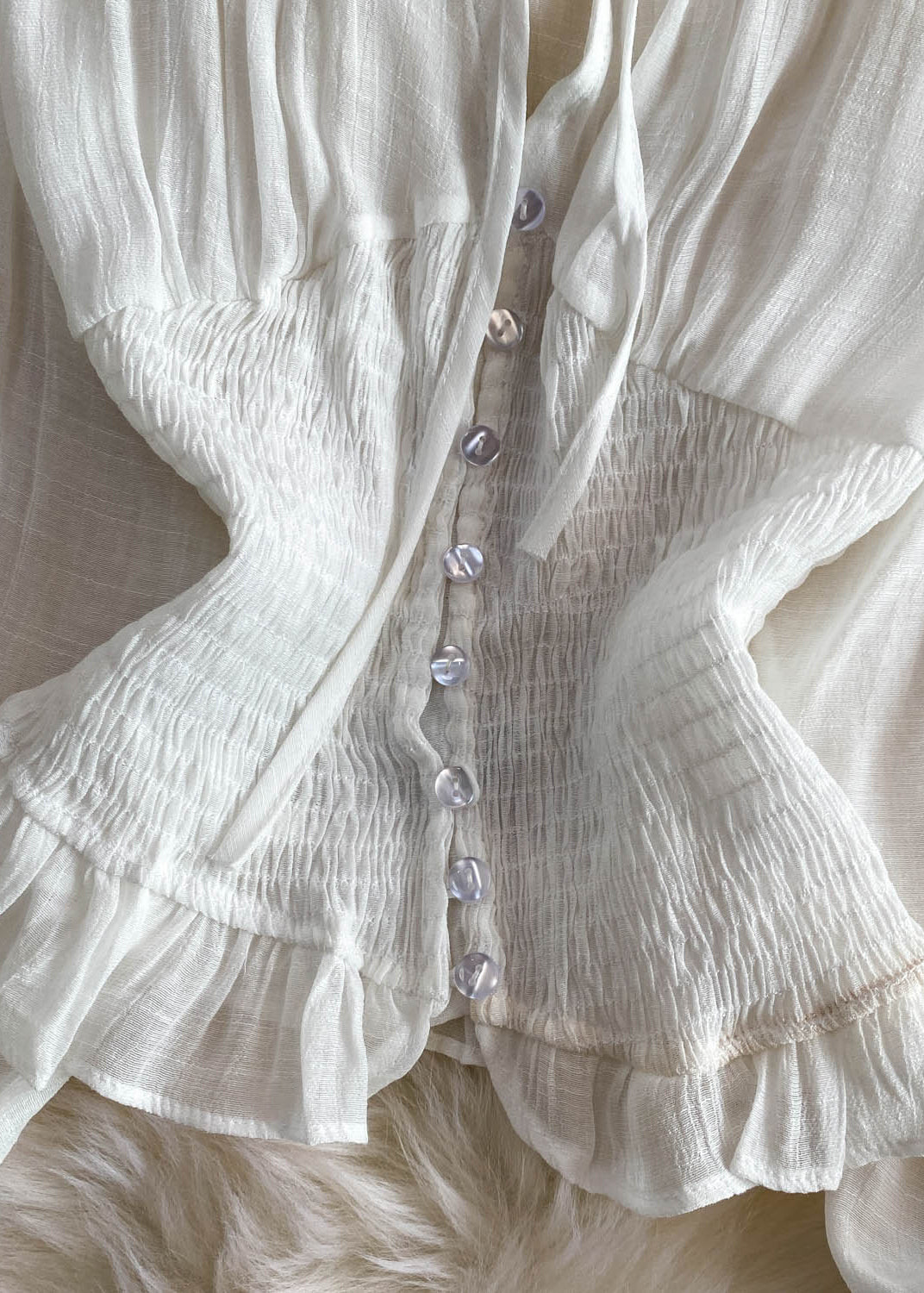 Fine White Elastic Waist Patchwork Cotton Shirt Summer