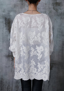 Fine White Embroidered Chinese Button Cotton Shirt Top Summer