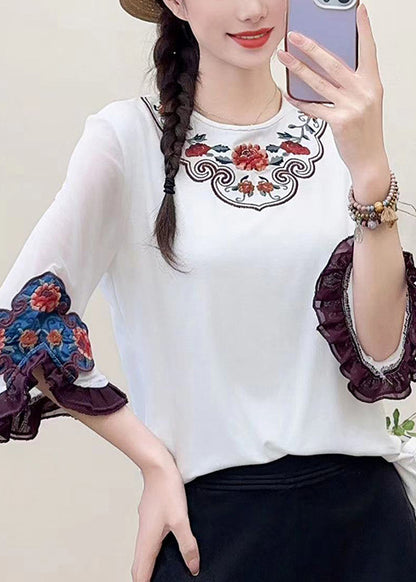 Fine White Embroidered Floral Cotton Shirts Flare Sleeve