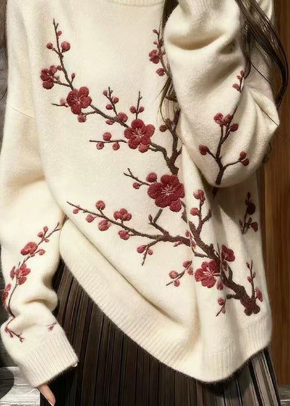 Fine White Embroidered Plum Blossom Knit Short Sweater Winter