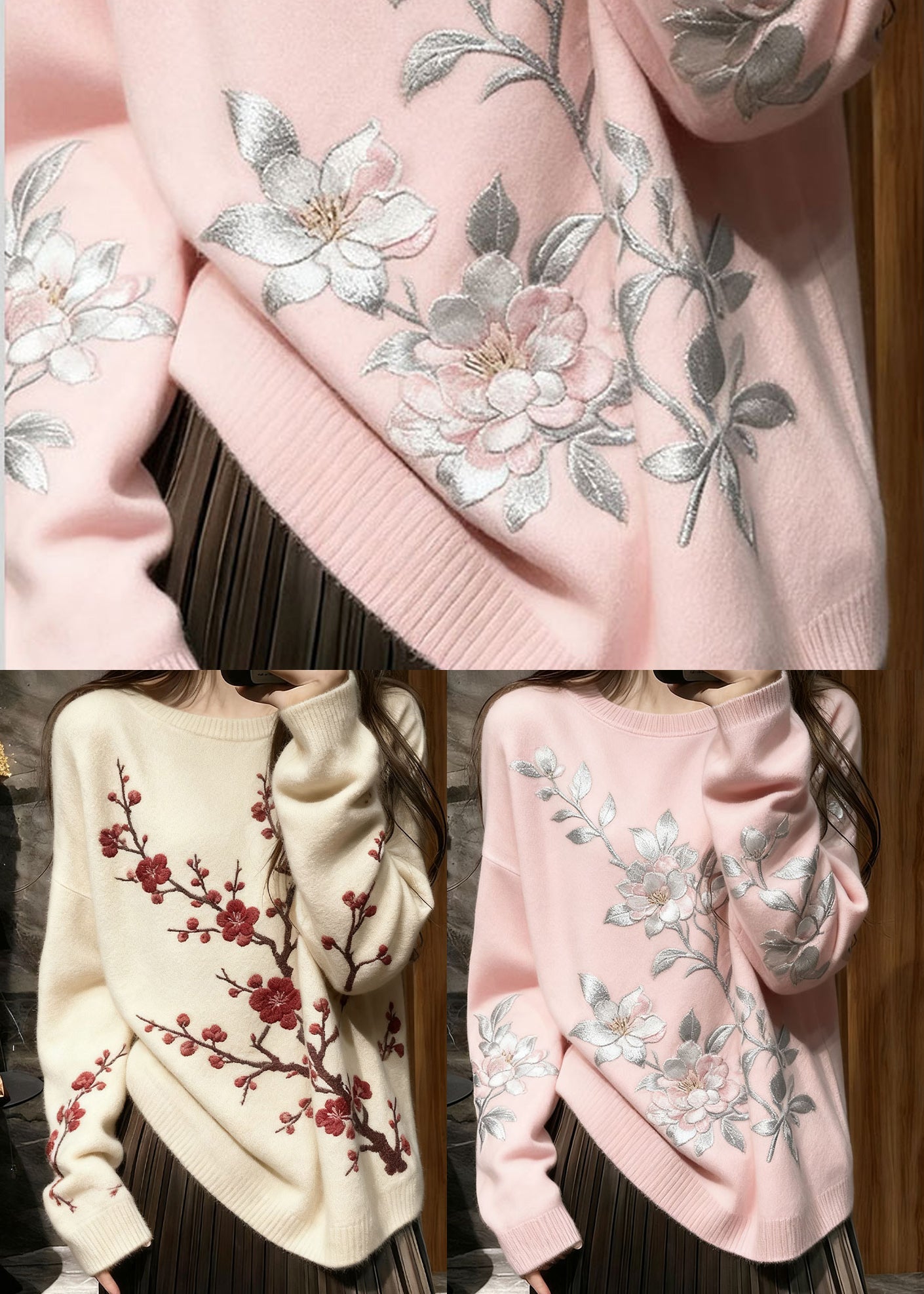 Fine White Embroidered Plum Blossom Knit Short Sweater Winter