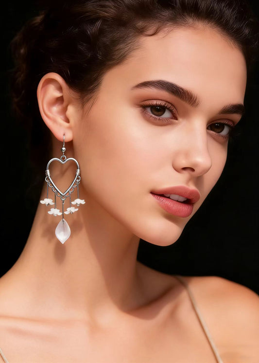 Fine White Flower Acrylic Heart-shaped Long Drop Earrings