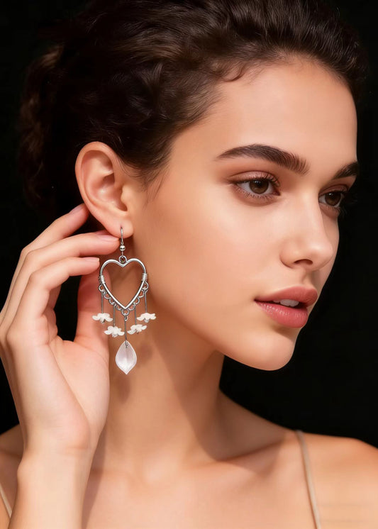 Fine White Flower Acrylic Heart-shaped Long Drop Earrings