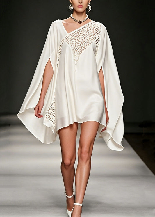 Fine White Hollow Out Lace Silk Dress Batwing Sleeve