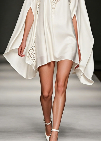 Fine White Hollow Out Lace Silk Dress Batwing Sleeve