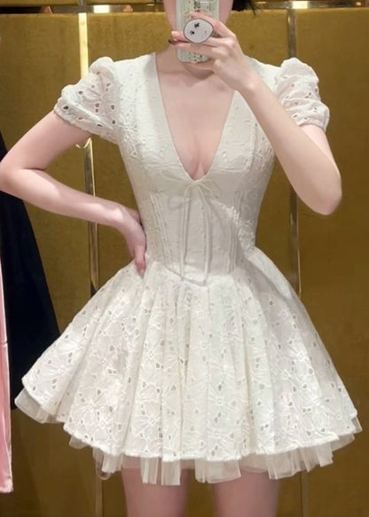 Fine White Hollow Out Tulle Patchwork Mini Dresses Summer