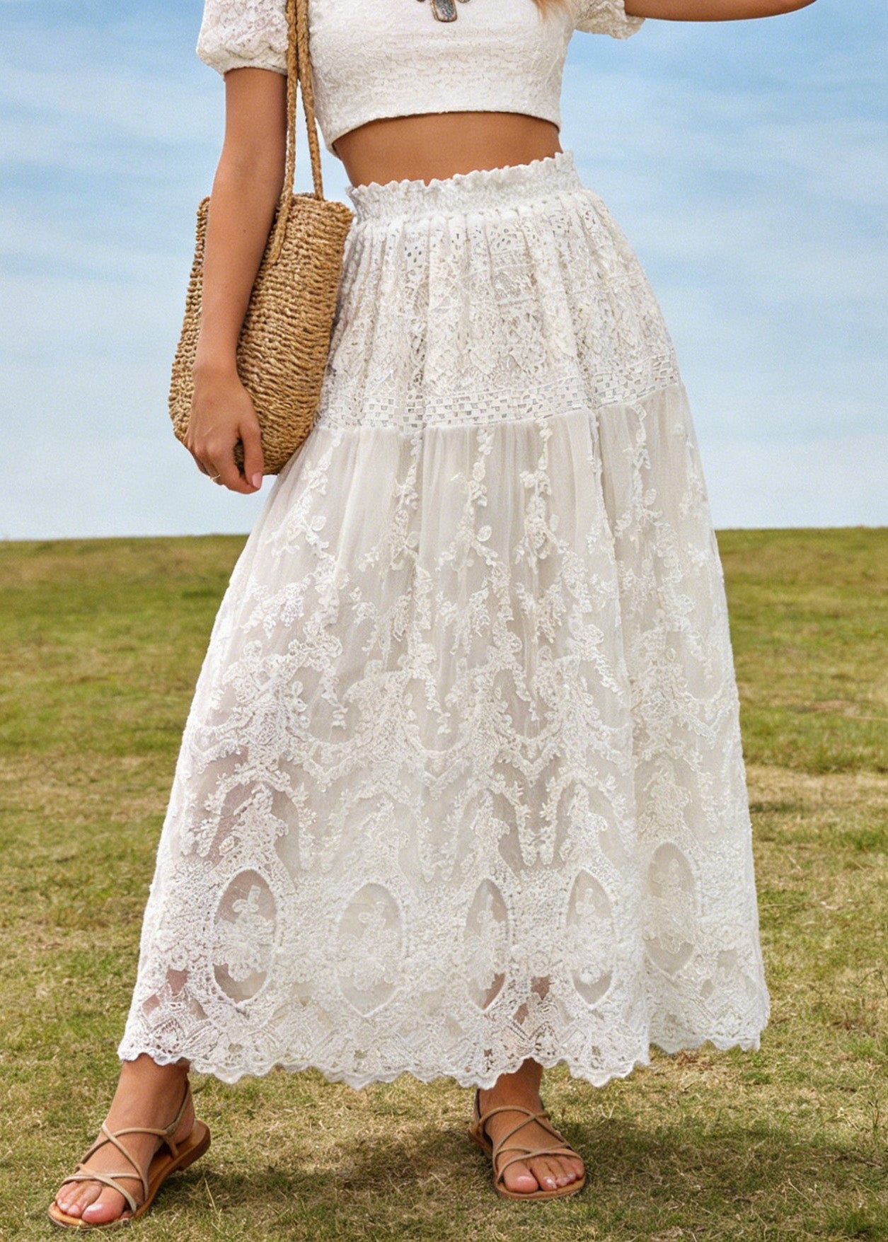 Fine White Lace Embroidered Wrinkled Tulle Skirt Summer