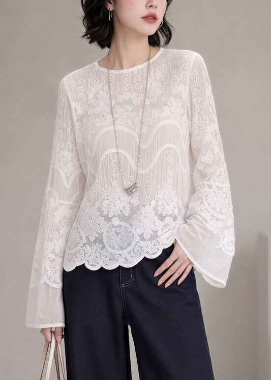 Fine White O-Neck Lace Tops Flare Sleeve