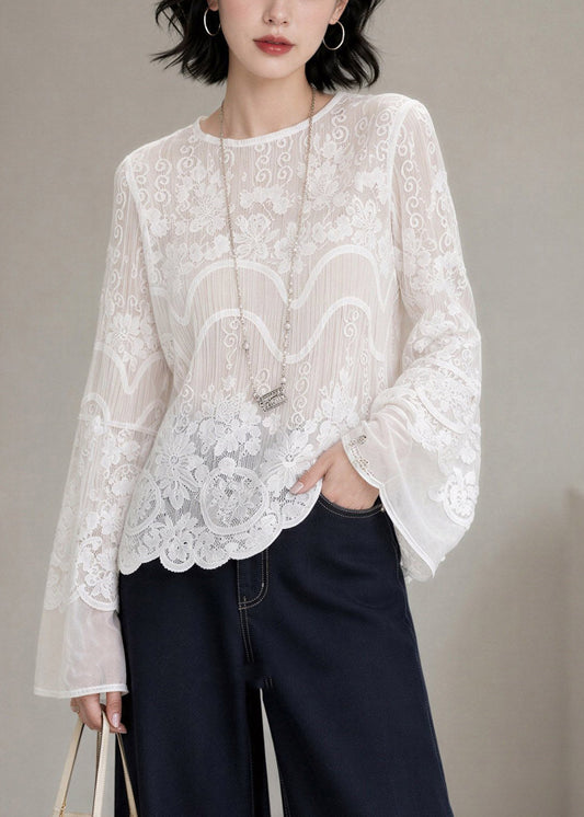Fine White O-Neck Lace Tops Flare Sleeve