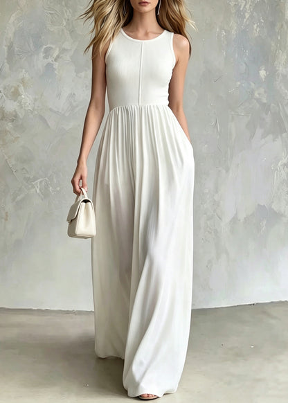 Fine White O-Neck Wrinkled Exra Large Hem Long Dress Sleeveless