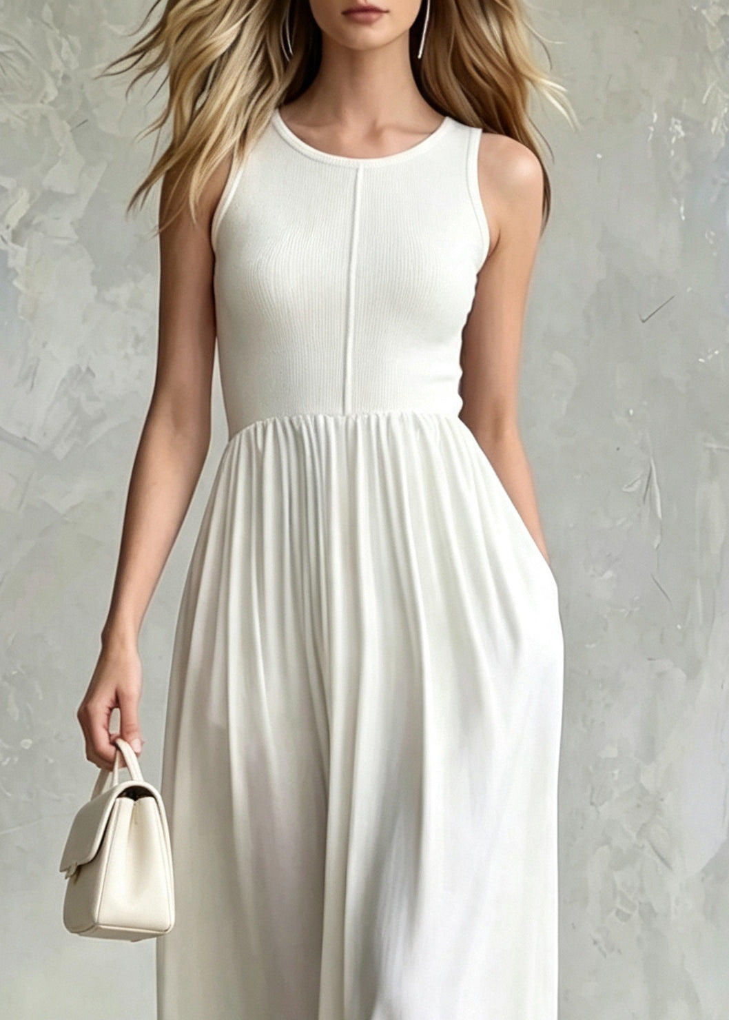 Fine White O-Neck Wrinkled Exra Large Hem Long Dress Sleeveless