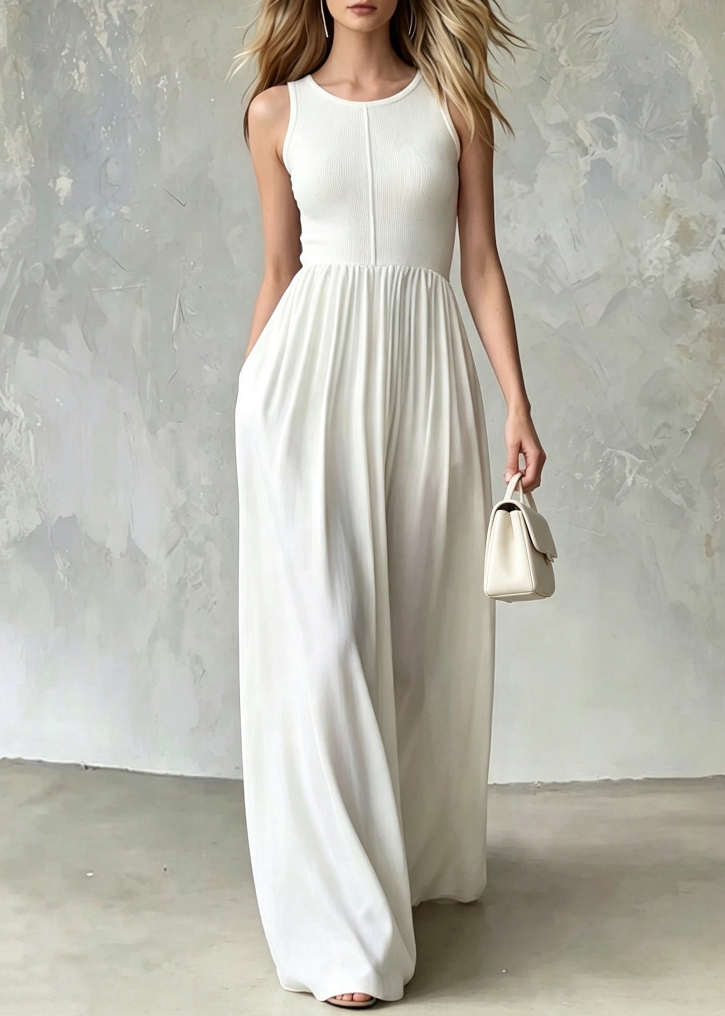 Fine White O-Neck Wrinkled Exra Large Hem Long Dress Sleeveless
