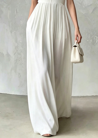 Fine White O-Neck Wrinkled Exra Large Hem Long Dress Sleeveless