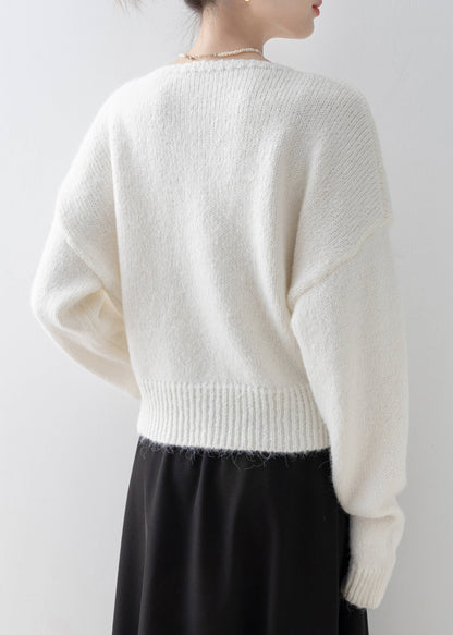 Fine White O Neck Zircon Floral Knit Sweaters Spring