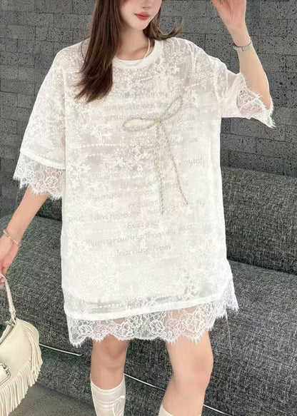 Fine White Oversized Patchwork Bow Lace Day Dress Summer