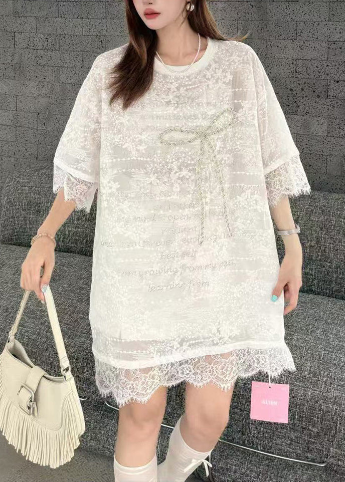 Fine White Oversized Patchwork Bow Lace Day Dress Summer