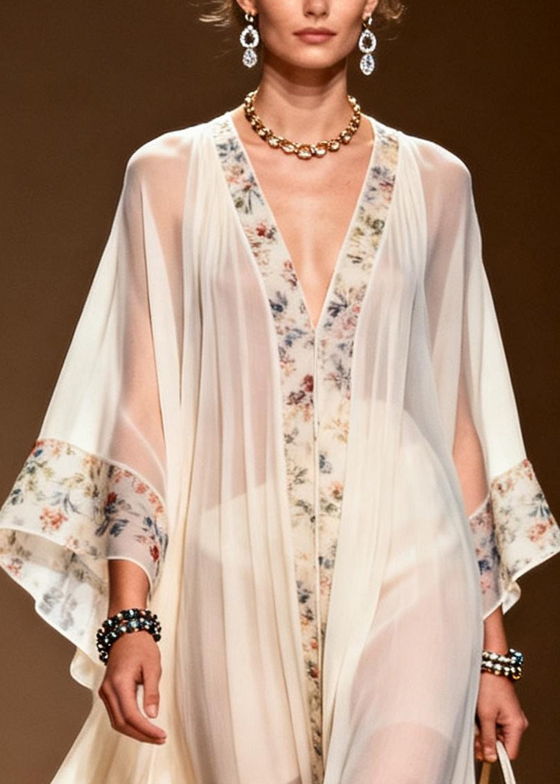 Fine White Oversized Patchwork Print Chiffon Party Dress Summer