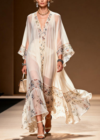 Fine White Oversized Patchwork Print Chiffon Party Dress Summer