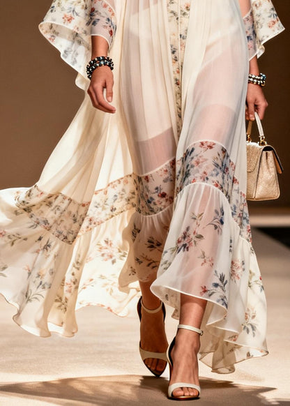 Fine White Oversized Patchwork Print Chiffon Party Dress Summer