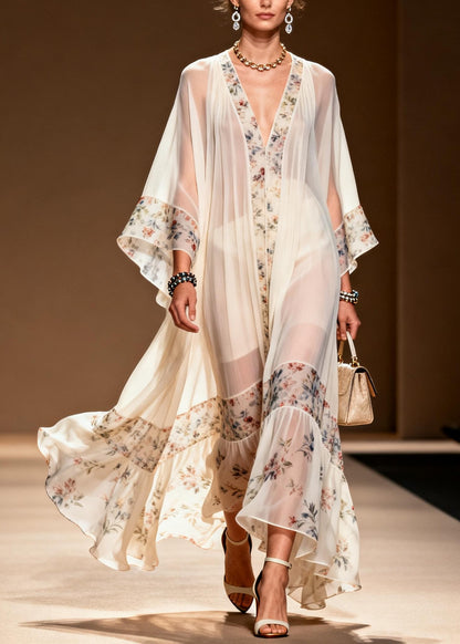 Fine White Oversized Patchwork Print Chiffon Party Dress Summer