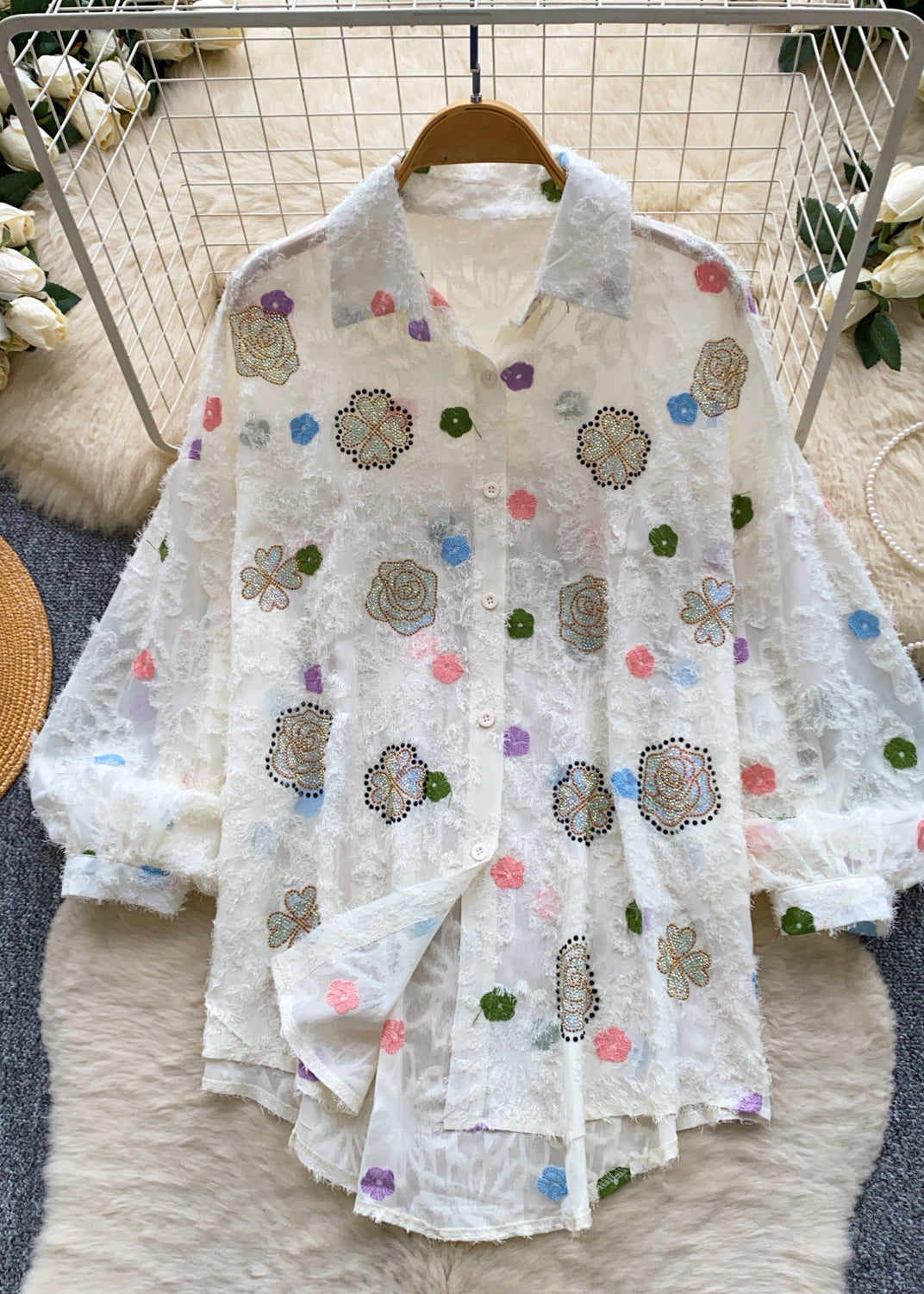 Fine White Oversized Print Chiffon UPF 50+ Top Summer