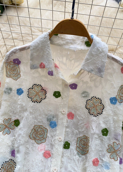Fine White Oversized Print Chiffon UPF 50+ Top Summer