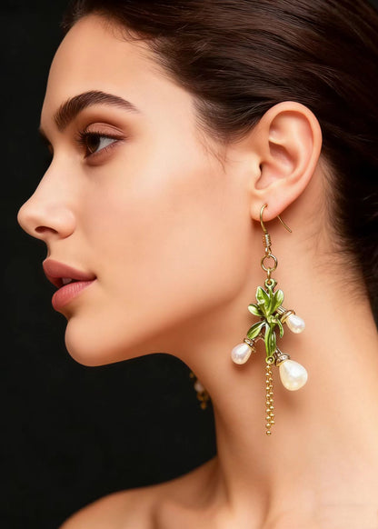 Fine White Pearl Branch Design Tassels Drop Earrings