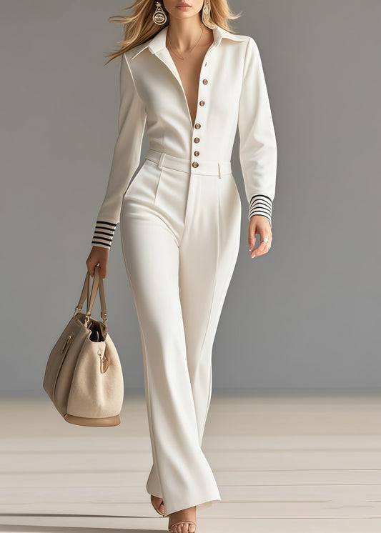 Fine White Peter Pan Collar Patchwork Spandex Work Jumpsuit Spring