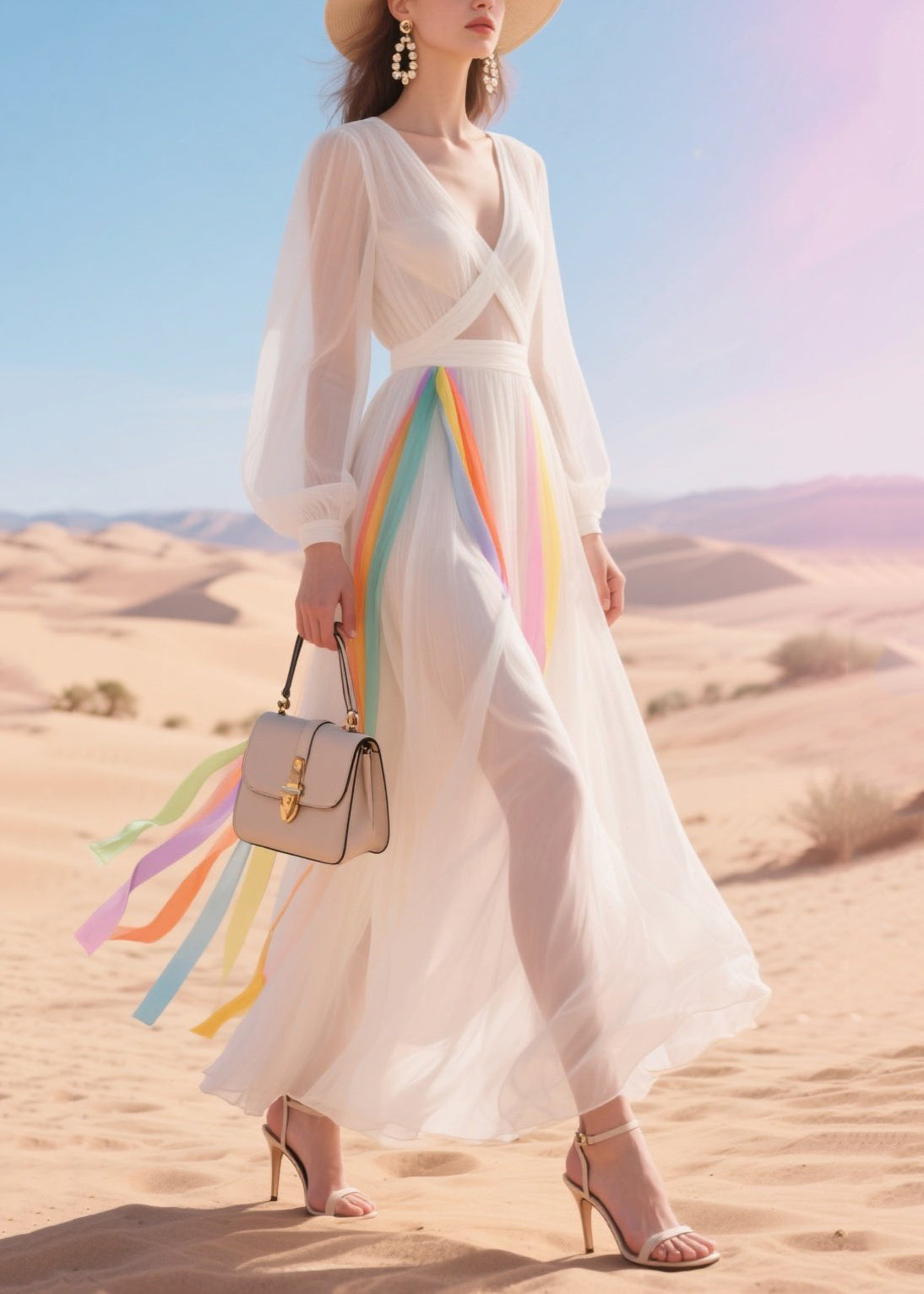 Fine White Sheer Multicolour Ribbon Tulle Party Dress Summer