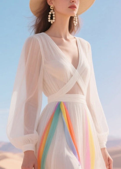 Fine White Sheer Multicolour Ribbon Tulle Party Dress Summer