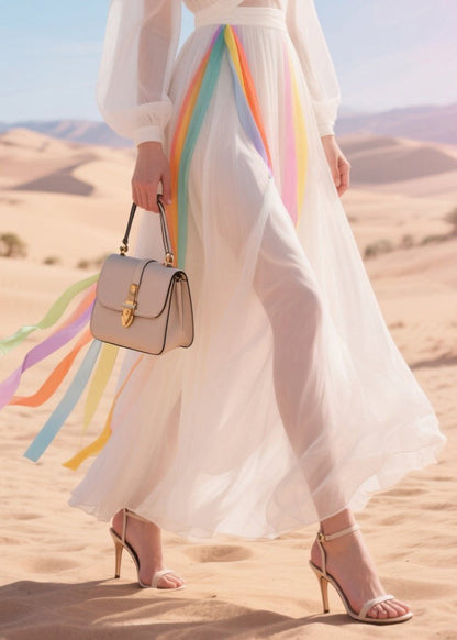 Fine White Sheer Multicolour Ribbon Tulle Party Dress Summer