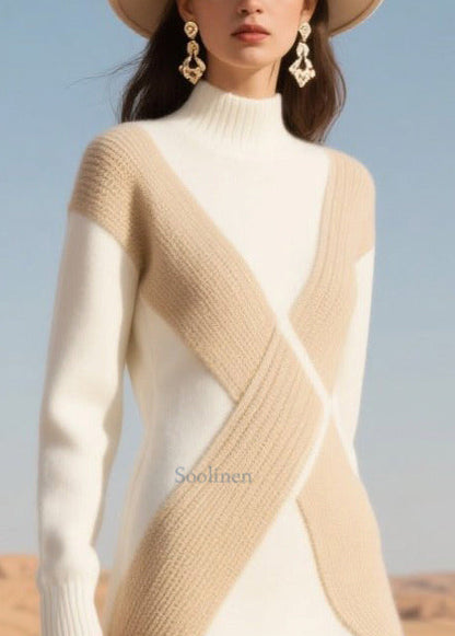 Fine White Silm Fit Patchwork Knit Sweater Dress Winter