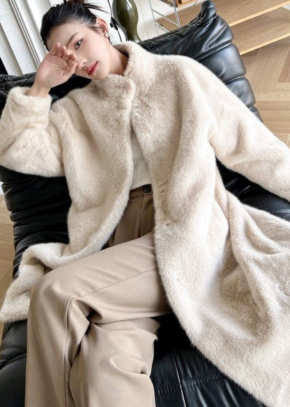 Fine White Stand Collar Mink Velvet Fur Coat Winter
